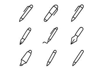 Pen line icon set with editable stroke. Minimalist vector pictogram collection of writing and drawing tools. Fountain pen, marker, ballpoint for signature, apps, and web design.