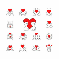 Collection of hand drawn love and relationship icons with red hearts