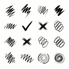 Collection of hand drawn black brush stroke symbols and doodles