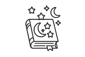 Magic spell book with moon and stars. Line icon for fantasy, fairytale, or bedtime story. Vector illustration of a celestial grimoire for witchcraft or astrology concepts.