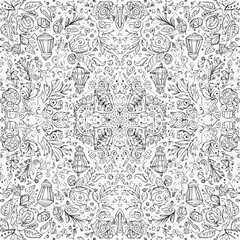 Intricate black and white mandala pattern with lanterns and floral elements
