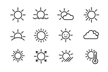 Sun line icon set. Weather forecast symbols. Sunshine, sunrise, sunset, heat, hot temperature. Summer sunny day concept. Vector outline pictogram bundle for web, apps, UI.