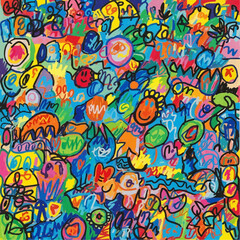 Vibrant abstract art with playful figures and bold colors