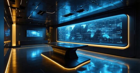 Modern room features illuminated wall display, sleek table. Dark tones dominate, accented by warm lighting. Futuristic interior design.