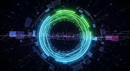 Futuristic tech interface displaying interconnected data streams and processing