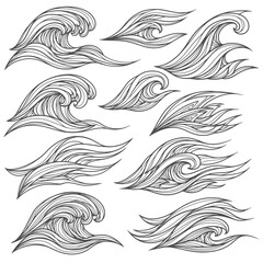 A dynamic collection of hand-drawn stylized ocean waves and water elements, perfect for design projects requiring fluid natural patterns.
