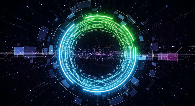 Futuristic tech interface displaying interconnected data streams and processing