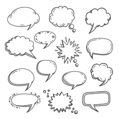 This diverse collection of hand-drawn doodle speech bubbles and thought clouds offers versatile comic-style communication elements for creative design projects.