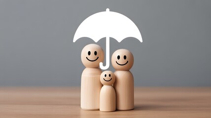 Family insurance and safety concept, Wooden figure with umbrella icon for protecting and care family.