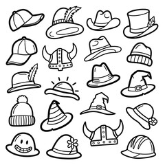 A comprehensive collection of diverse hats and headwear, presented as black and white line art illustrations, showcasing various styles from casual to costume.