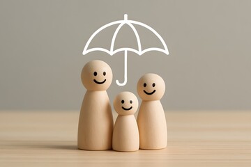 Family insurance and safety concept, Wooden figure with umbrella icon for protecting and care family.