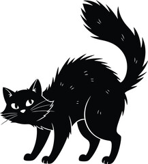 CAT, Flat vector illustration on a white background, An aggressive black cat with an arched back and tail. The silhouette is suitable for Halloween and prints.