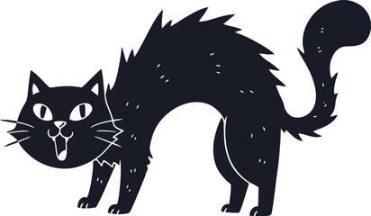 CAT, Flat vector illustration on a white background, An aggressive black cat with an arched back and tail. The silhouette is suitable for Halloween and prints.