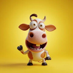Fototapeta premium Cute 3D cartoon cow with funny expression, yellow background