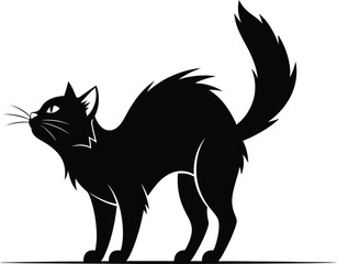 CAT, Flat vector illustration on a white background, An aggressive black cat with an arched back and tail. The silhouette is suitable for Halloween and prints.