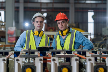 The worker in a steel sheet factory. Worker and rolls of metal sheets in the warehouse. looking to camera.