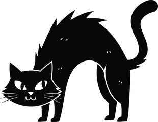 CAT, Flat vector illustration on a white background, An aggressive black cat with an arched back and tail. The silhouette is suitable for Halloween and prints.