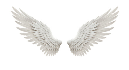 Detailed pair of white angel wings isolated on transparent background, showcasing intricate feather patterns, ideal for artistic or symbolic representations