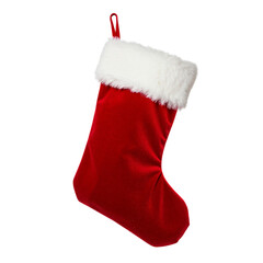 Classic red velvet christmas stocking with white plush trim ready for holiday gifts isolated on transparent background