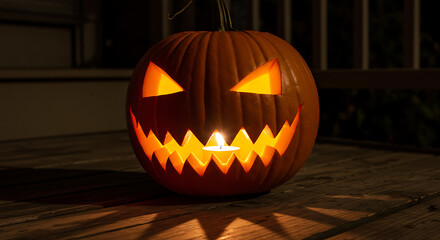 Obraz premium Carved pumpkin lantern glowing with eerie face design 