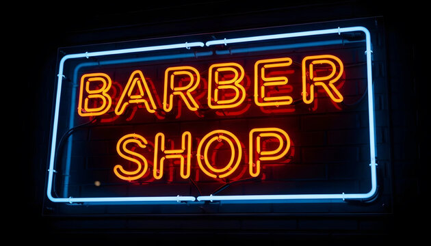 A neon sign glows in the dark, displaying "BARBER SHOP" in bold, orange lettering.