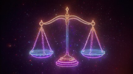 Surreal Libra scales floating in galaxy, neon accents, cosmic fantasy