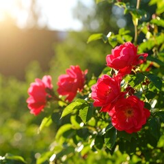 Bright Red Roses Blooming in a Sunny Garden Setting