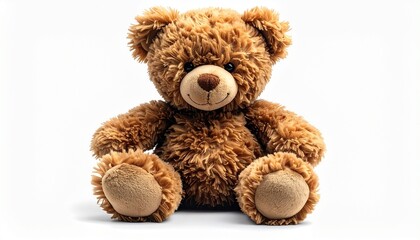 Obraz premium A realistic teddy bear plush toy with brown fur, stitched nose, and soft fabric detail isolated on white background 