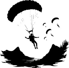 Parachutist Skydiver Landing Over Mountain Landscape Silhouette