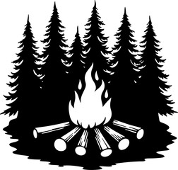 Campfire and Pine Forest Silhouette Vector