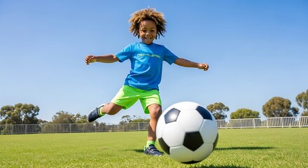 Fototapeta premium Happy Young Boy Kicking Soccer Ball on Green Field Under Blue Sky Enjoying Outdoor Activity