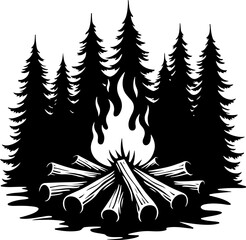 Campfire and Pine Forest Silhouette Vector