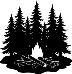 Campfire and Pine Forest Silhouette Vector