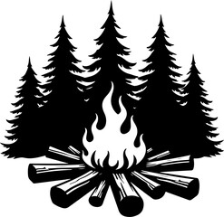 Campfire and Pine Forest Silhouette Vector