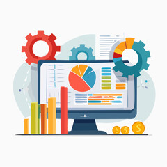 Business analytics concept with a computer monitor displaying data dashboards, charts, and graphs for financial reporting and market research