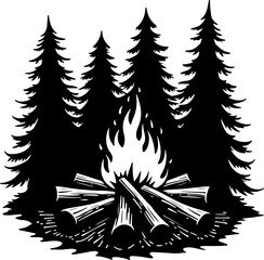 Campfire and Pine Forest Silhouette Vector
