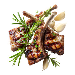 Delicious grilled lamb chops garnished with fresh rosemary and garlic cloves, perfect for a gourmet meal or barbecue.