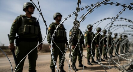Military personnel guard border with barbed wire and defensive barriers conceptual theme of security and vigilance