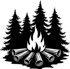 Campfire and Pine Forest Silhouette Vector
