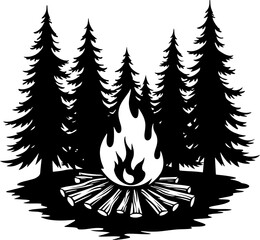 Campfire and Pine Forest Silhouette Vector