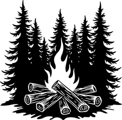 Campfire and Pine Forest Silhouette Vector