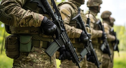 Fototapeta premium Elite military special forces soldiers in tactical gear holding rifles ready for action on a mission