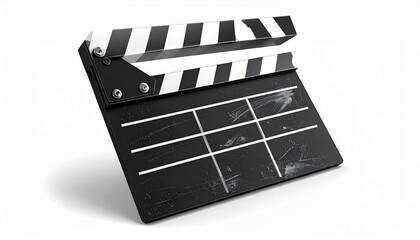 A realistic film clapperboard with black and white stripes, chalkboard surface, and hinge detail isolated on white background
