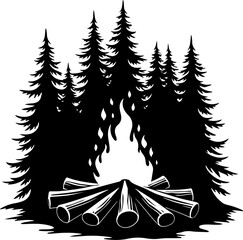 Campfire and Pine Forest Silhouette Vector