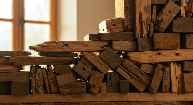 A dense stack of reclaimed wood blocks and planks are collected as material for recycling or upcycling. Concept of wood waste recycling and reuse.