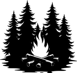 Campfire and Pine Forest Silhouette Vector