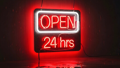 Vibrant glowing red neon sign proudly displaying 'OPEN 24 hrs', symbolizing continuous business operation and round-the-clock service availability in a dark, atmospheric setting