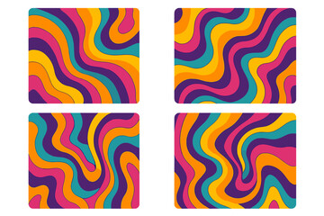 Groovy psychedelic wavy background set. Retro 60s 70s liquid pattern. Modern wave abstract design. Colorful swirl hippie vector illustration for a vintage poster or cover.