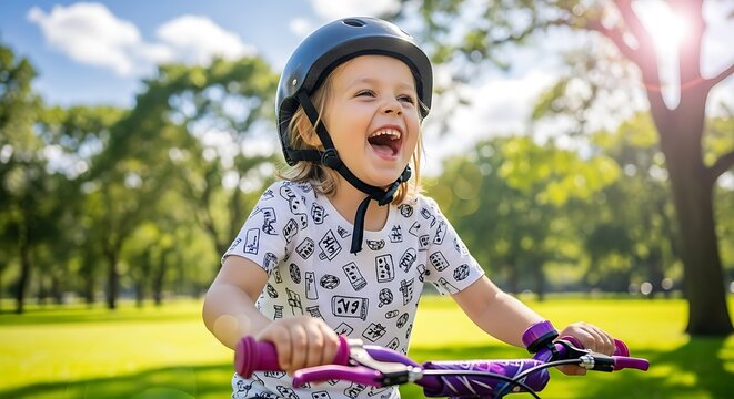Joyful young child laughing while riding a bicycle in a sunny park with green trees and bright light