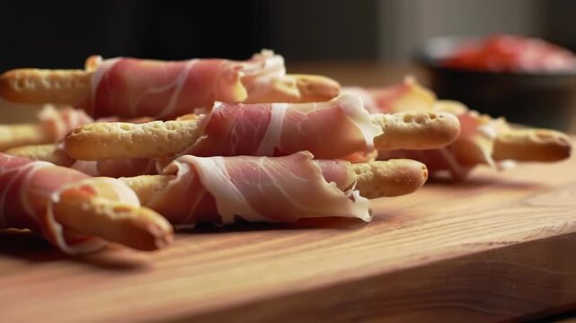 Prosciutto wrapped breadsticks on wooden board, appetizer or snack